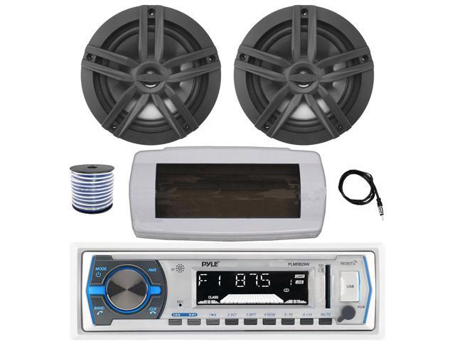Pyle PLMRB29W Single DIN Bluetooth Marine MP3 AM/FM Stereo Receiver with White Cover, 22' Radio Antenna, Wire, 2x 6.5' 180 Watt Max Power 2-Way...