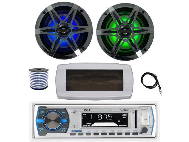Pyle PLMRB29W Single DIN Bluetooth Marine MP3 AM/FM Stereo Receiver with White Cover, 22' Radio Antenna, Wire, 2x 6.5' 120 Watt Peak Multicolor LED...