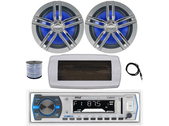 Pyle PLMRB29W Single DIN Bluetooth Marine MP3 AM/FM Stereo Receiver with White Cover, 22' Radio Antenna, Wire, 2x 6.5' 180 Watt Max Power 2-Way...