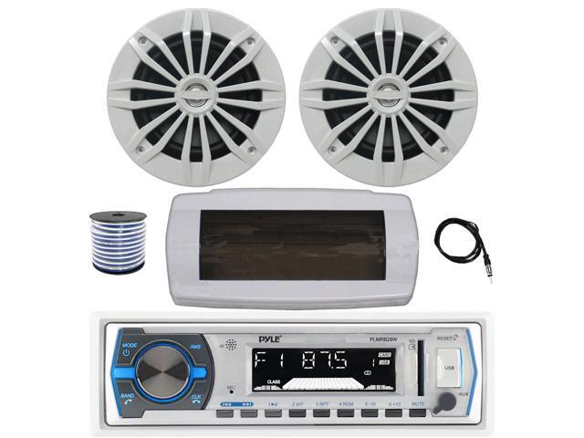 Pyle PLMRB29W Single DIN Bluetooth Marine MP3 AM/FM Stereo Receiver with White Cover, 22' Radio Antenna, Wire, 2x 6.5' 180 Watt Max Power 2-Way...