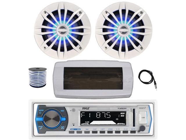 Pyle PLMRB29W Single DIN Bluetooth Marine MP3 AM/FM Stereo Receiver with White Cover, 22' Radio Antenna, Wire, 2x 6.5' 180 Watt Peak 2-Way Blue...