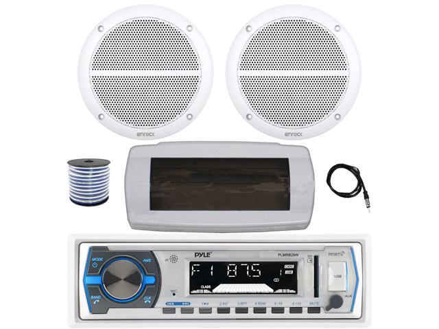 Pyle PLMRB29W Single DIN Bluetooth Marine MP3 AM/FM Stereo Receiver with White Cover, 22' Radio Antenna, Wire, 2x 6.5' 90 Watt Peak Power 2-Way...