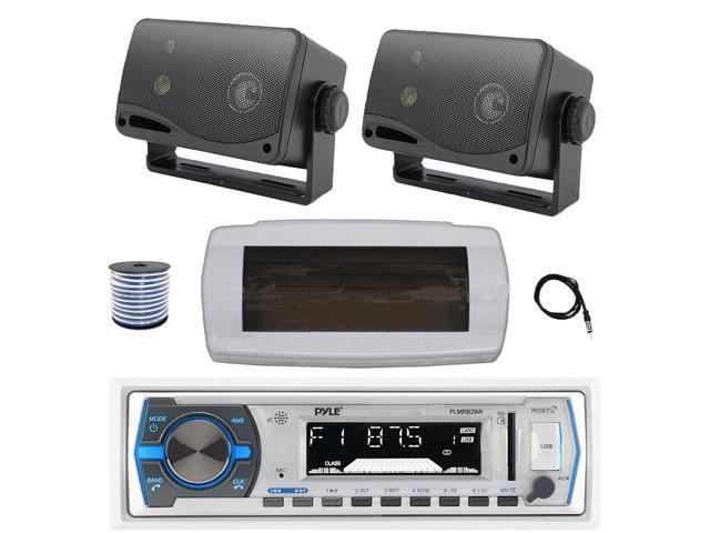Pyle PLMRB29W Single DIN Bluetooth Marine MP3 AM/FM Stereo Receiver with White Cover, 22' Radio Antenna, Wire, 2x 3.5'' 200 Watt Max 3-Way...