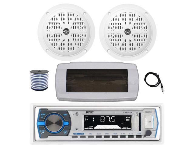 Pyle PLMRB29W Single DIN Bluetooth Marine MP3 AM/FM Stereo Receiver with White Cover, 22' Radio Antenna, Wire, 2x 4'' 100 Watt Peak Full Range Dual...
