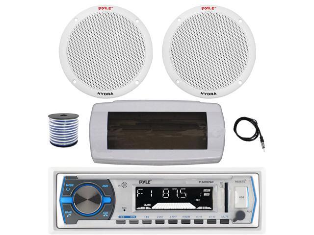 Pyle PLMRB29W Single DIN Bluetooth Marine MP3 AM/FM Stereo Receiver with White Cover, 22' Radio Antenna, Wire, 2x 6.5'' 400W Peak 2-Way Full Range...