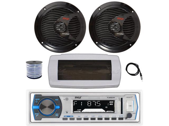 Pyle PLMRB29W Single DIN Bluetooth Marine MP3 AM/FM Stereo Receiver with White Cover, 22' Radio Antenna, Wire, 2x 6.5' 150 Watt Max Full Range Dual...