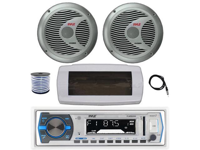 Pyle PLMRB29W Single DIN Bluetooth Marine MP3 AM/FM Stereo Receiver with White Cover, 22' Radio Antenna, Wire, 2x 6.5' 150 Watt Max Full Range Dual...