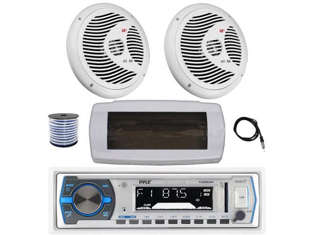 Pyle PLMRB29W Single DIN Bluetooth Marine MP3 AM/FM Stereo Receiver with White Cover, 22' Radio Antenna, Wire, 2x 6.5' 150 Watt Max Full Range Dual...