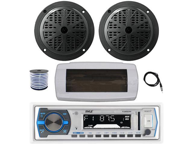 Pyle PLMRB29W Single DIN Bluetooth Marine MP3 AM/FM Stereo Receiver with White Cover, 22' Radio Antenna, Wire, 2x 6.5' 120 Watt Max Full Range Dual...