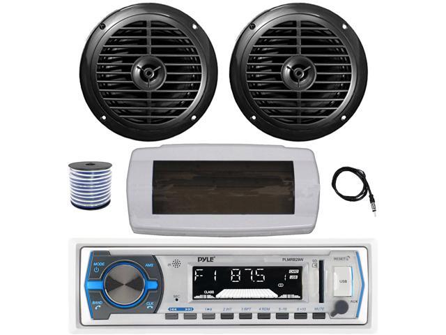 Pyle PLMRB29W Single DIN Bluetooth Marine MP3 AM/FM Stereo Receiver with White Cover, 22' Radio Antenna, Wire, 2x 6.5' 120 Watt Peak Full Range...