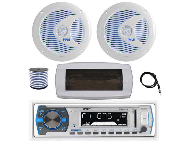 Pyle PLMRB29W Single DIN Bluetooth Marine MP3 AM/FM Stereo Receiver with White Cover, 22' Radio Antenna, Wire, 2x 6.5'' 150 Watt Max Dual Cone...