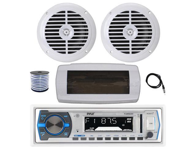 Pyle PLMRB29W Single DIN Bluetooth Marine MP3 AM/FM Stereo Receiver with White Cover, 22' Radio Antenna, Wire, 2x 6.5' 120 Watt Peak Full Range...