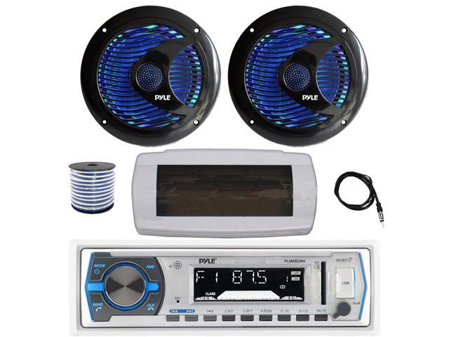 Pyle PLMRB29W Single DIN Bluetooth Marine MP3 AM/FM Stereo Receiver with White Cover, 22' Radio Antenna, Wire, 2x 6.5'' 150 Watt Max Dual Cone...