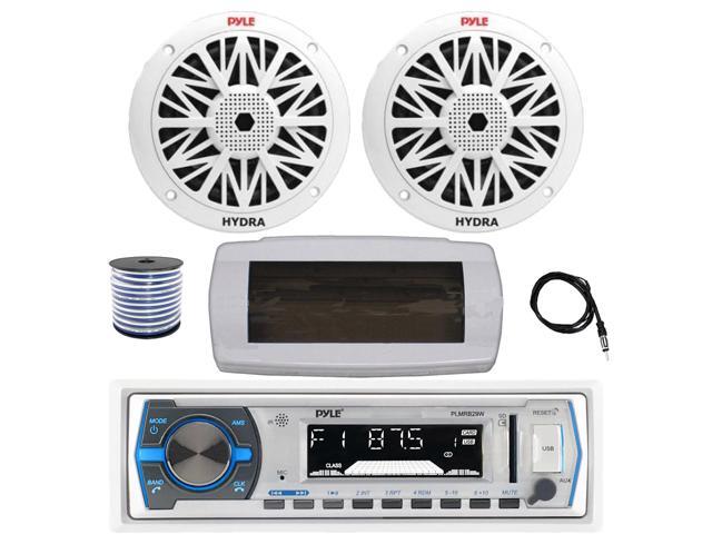Pyle PLMRB29W Single DIN Bluetooth Marine MP3 AM/FM Stereo Receiver with White Cover, 22' Radio Antenna, Wire, 2x 8'' 300W Max Full Range Dual Cone...