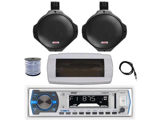 Pyle PLMRB29W Single DIN Bluetooth Marine MP3 AM/FM Stereo Receiver with White Cover, 22' Radio Antenna, Wire, 2x 6.5' 200 Watt Peak Water...