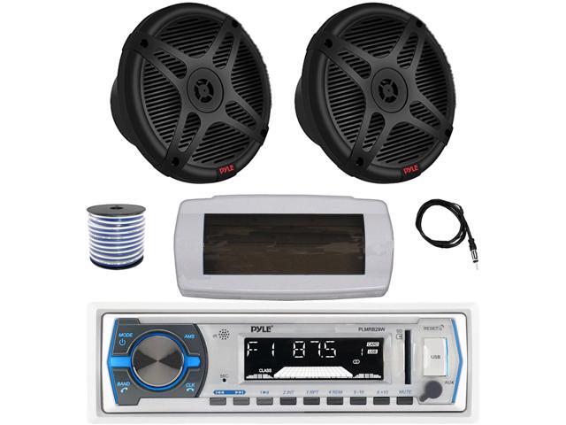 Pyle PLMRB29W Single DIN Bluetooth Marine MP3 AM/FM Stereo Receiver with White Cover, 22' Radio Antenna, Wire, 2x 6.5' 600 Watt Max 2-Way Full...