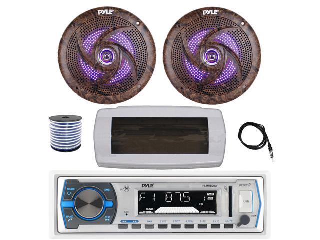 Pyle PLMRB29W Single DIN Bluetooth Marine MP3 AM/FM Stereo Receiver with White Cover, 22' Radio Antenna, Wire, 2x 6.5'' 240 Watt Peak Slim...