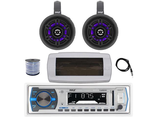Pyle PLMRB29W Single DIN Bluetooth Marine MP3 AM/FM Stereo Receiver with White Cover, 22' Radio Antenna, Wire, 2x 4' 300W Max Bluetooth Waterproof...