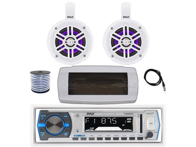 Pyle PLMRB29W Single DIN Bluetooth Marine MP3 AM/FM Stereo Receiver with White Cover, 22' Radio Antenna, Wire, 2x 4' 300W Max Bluetooth Waterproof...