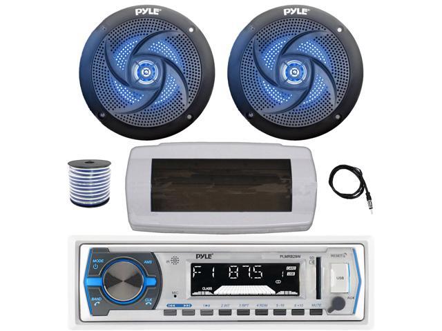 Pyle PLMRB29W Single DIN Bluetooth Marine MP3 AM/FM Stereo Receiver with White Cover, 22' Radio Antenna, Wire, 2x 4' 100 Watt Max 2-Way Blue...