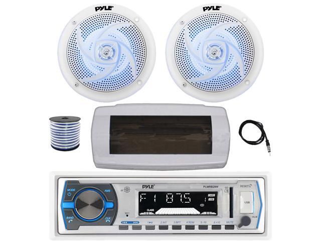Pyle PLMRB29W Single DIN Bluetooth Marine MP3 AM/FM Stereo Receiver with White Cover, 22' Radio Antenna, Wire, 2x 4' 100 Watt Max 2-Way Blue...