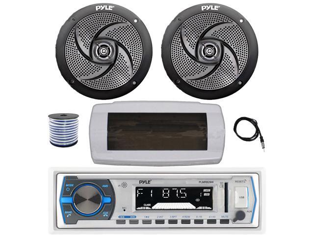 Pyle PLMRB29W Single DIN Bluetooth Marine MP3 AM/FM Stereo Receiver with White Cover, 22' Radio Antenna, Wire, 2x 6'' 240 Watt Max 2-Way Boat...