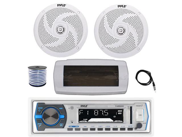 Pyle PLMRB29W Single DIN Bluetooth Marine MP3 AM/FM Stereo Receiver with White Cover, 22' Radio Antenna, Wire, 2x 6'' 240 Watt Max 2-Way Boat...