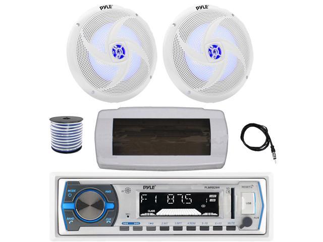 Pyle PLMRB29W Single DIN Bluetooth Marine MP3 AM/FM Stereo Receiver with White Cover, 22' Radio Antenna, Wire, 2x 8'' 320 Watt Max 2-Way Blue...