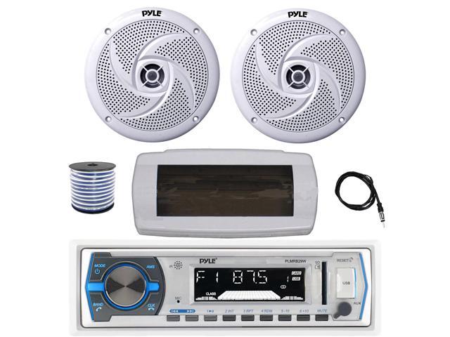 Pyle PLMRB29W Single DIN Bluetooth Marine MP3 AM/FM Stereo Receiver with White Cover, 22' Radio Antenna, Wire, 2x 8'' 320 Watt Max 2-Way Boat...