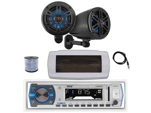 Pyle PLMRB29W Single DIN Bluetooth Marine MP3 AM/FM Stereo Receiver with White Cover, 22' Radio Antenna, Wire, 2x 5.25' 180 Watt Max 2-Way...