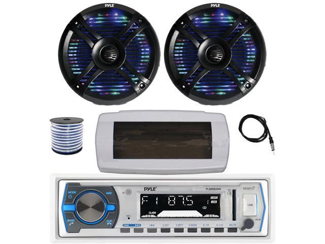 Pyle PLMRB29W Single DIN Bluetooth Marine MP3 AM/FM Stereo Receiver with White Cover, 22' Radio Antenna, Wire, 2x 6.5' 250 Watt Max 2-Way...