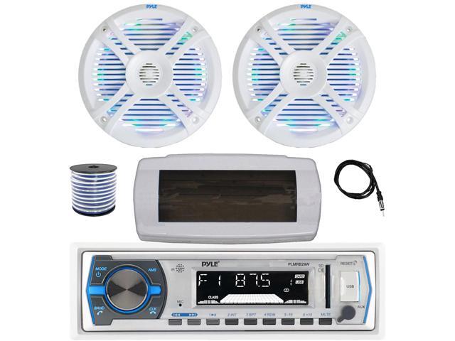Pyle PLMRB29W Single DIN Bluetooth Marine MP3 AM/FM Stereo Receiver with White Cover, 22' Radio Antenna, Wire, 2x 6.5' 250 Watt Max 2-Way...