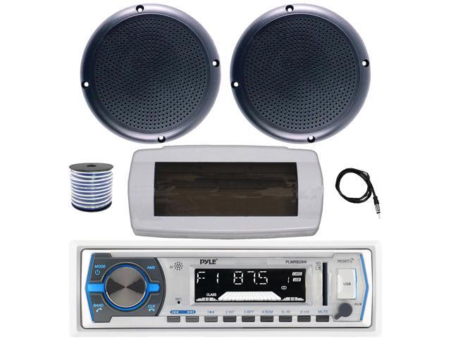 Pyle PLMRB29W Single DIN Bluetooth Marine MP3 AM/FM Stereo Receiver with White Cover, 22' Radio Antenna, Wire, 2x 5.25' 20 Watt Max Polycone Audio...