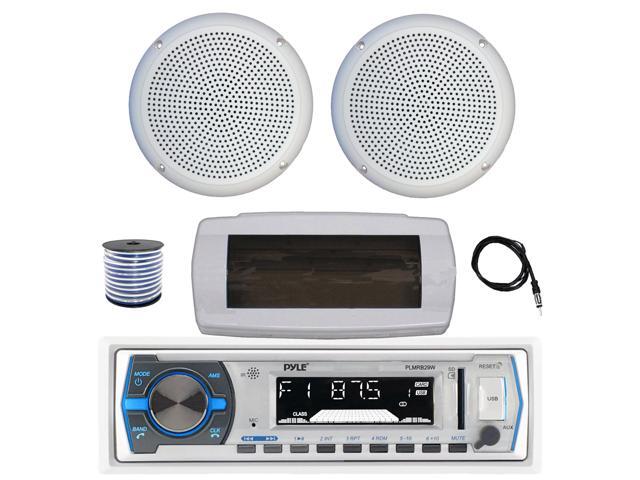 Pyle PLMRB29W Single DIN Bluetooth Marine MP3 AM/FM Stereo Receiver with White Cover, 22' Radio Antenna, Wire, 2x 5.25' 20 Watt Max Polycone Audio...