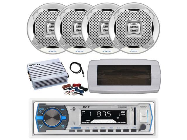 Pyle PLMRB29W Single DIN Bluetooth Marine MP3 AM/FM Stereo Receiver with White Cover, 22' Radio Antenna, Amplifier w/Kit, 4x 5.25' 400W Max 2-Way...