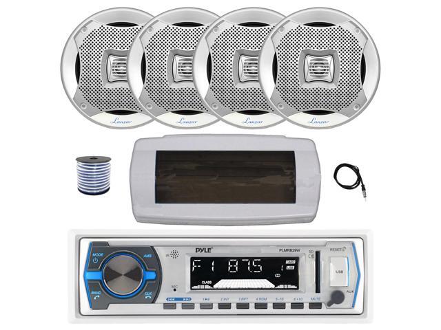 Pyle PLMRB29W Single DIN Bluetooth Marine MP3 AM/FM Stereo Receiver with White Cover, 22' Radio Antenna, Wire, 4x 6.5' 400W Max 2-Way Water...