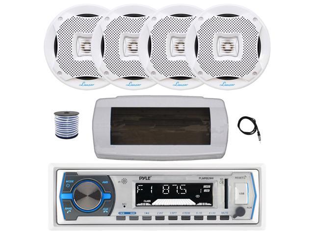 Pyle PLMRB29W Single DIN Bluetooth Marine MP3 AM/FM Stereo Receiver with White Cover, 22' Radio Antenna, Wire, 4x 6.5' 400W Max 2-Way Water...