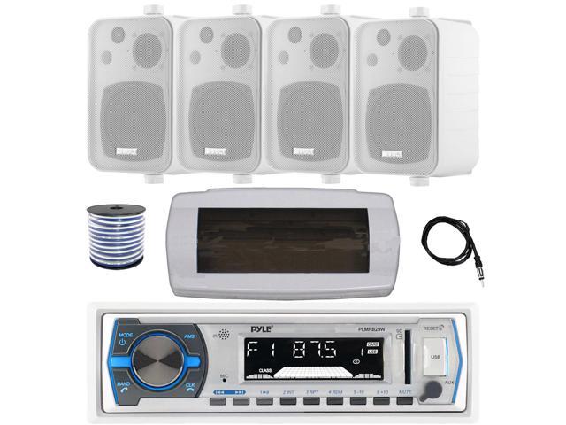 Pyle PLMRB29W Single DIN Bluetooth Marine MP3 AM/FM Stereo Receiver with White Cover, 22' Radio Antenna, Wire, 4x 4' 30 Watt Peak Water-Resistant...