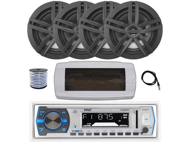 Pyle PLMRB29W Single DIN Bluetooth Marine MP3 AM/FM Stereo Receiver with White Cover, 22' Radio Antenna, Wire, 4x 6.5' 180 Watt Max Power 2-Way...