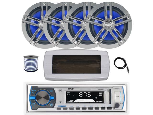Pyle PLMRB29W Single DIN Bluetooth Marine MP3 AM/FM Stereo Receiver with White Cover, 22' Radio Antenna, Wire, 4x 6.5' 180 Watt Max Power 2-Way...