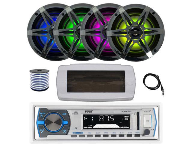 Pyle PLMRB29W Single DIN Bluetooth Marine MP3 AM/FM Stereo Receiver with White Cover, 22' Radio Antenna, Wire, 4x 6.5' 120 Watt Peak Multicolor LED...