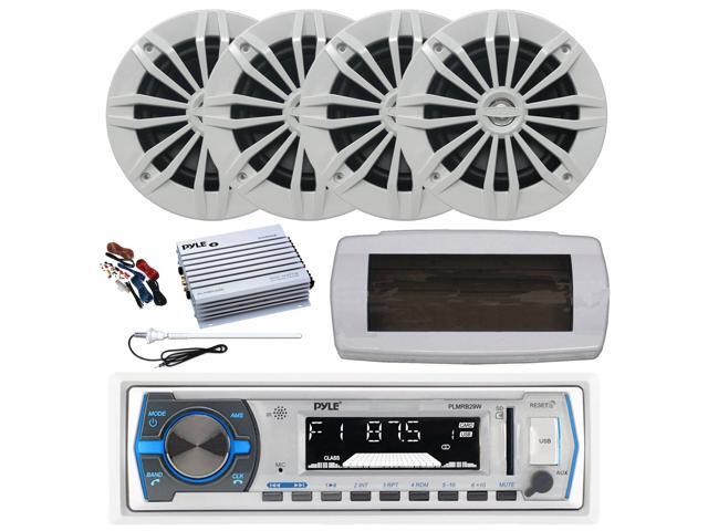 Pyle PLMRB29W Single DIN Bluetooth Marine MP3 AM/FM Stereo Receiver with White Cover, Long Range Antenna, Amplifier w/Kit, 4x 6.5' 180 Watt Max...