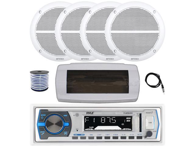 Pyle PLMRB29W Single DIN Bluetooth Marine MP3 AM/FM Stereo Receiver with White Cover, 22' Radio Antenna, Wire, 4x 6.5' 90 Watt Peak Power 2-Way...