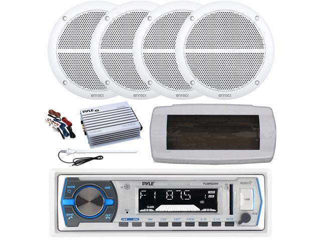 Pyle PLMRB29W Single DIN Bluetooth Marine MP3 AM/FM Stereo Receiver with White Cover, Long Range Antenna, Amplifier w/Kit, 4x 6.5' 90 Watt Peak...
