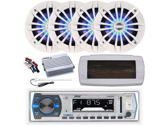 Pyle PLMRB29W Single DIN Bluetooth Marine MP3 AM/FM Stereo Receiver with White Cover, Long Range Antenna, Amplifier w/Kit, 4x 6.5' 180 Watt Peak...