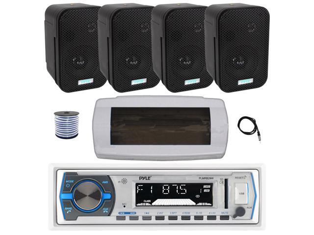 Pyle PLMRB29W Single DIN Bluetooth Marine MP3 AM/FM Stereo Receiver with White Cover, 22' Radio Antenna, Wire, 4x 3.5' 300W Max Indoor/Outdoor...