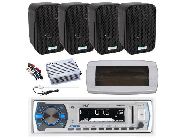 Pyle PLMRB29W Single DIN Bluetooth Marine MP3 AM/FM Stereo Receiver with White Cover, Long Range Antenna, Amplifier w/Kit, 4x 3.5' 300W Max...