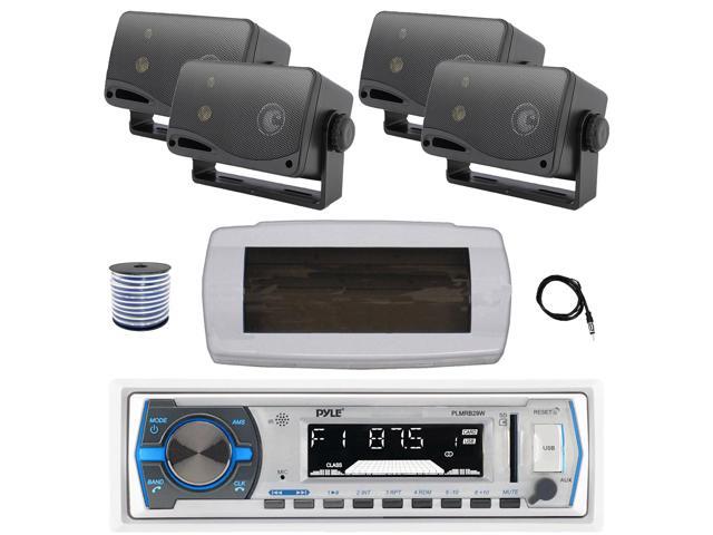 Pyle PLMRB29W Single DIN Bluetooth Marine MP3 AM/FM Stereo Receiver with White Cover, 22' Radio Antenna, Wire, 4x 3.5'' 200 Watt Max 3-Way...