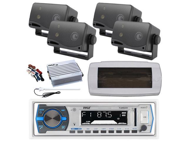 Pyle PLMRB29W Single DIN Bluetooth Marine MP3 AM/FM Stereo Receiver with White Cover, Long Range Antenna, Amplifier w/Kit, 4x 3.5'' 200 Watt Max...