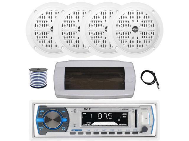 Pyle PLMRB29W Single DIN Bluetooth Marine MP3 AM/FM Stereo Receiver with White Cover, 22' Radio Antenna, Wire, 4x 4'' 100 Watt Peak Full Range Dual...